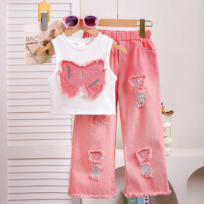 Bear Leader 2025 Summer 4-6 Year Old Streetwear Girls' Sets Sleeveless Butterfly Vest+Pink Cowboy Piercing Patch Pants 2-Pcs Set.