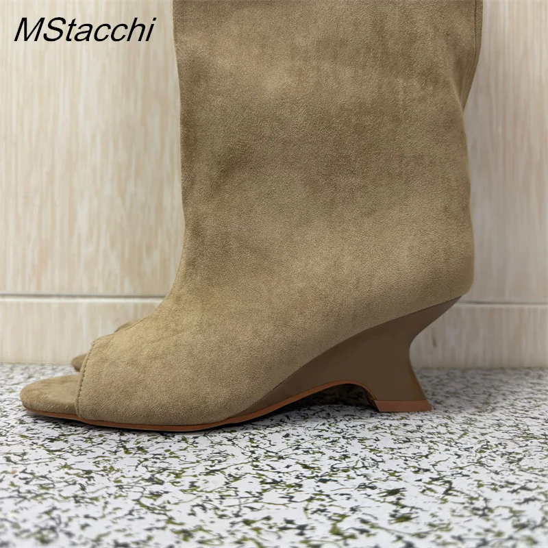 2025 New Peep Toe Long Boots Summer Thick High Heels Women's Knee Boots Large Size Shoes Ladies Slip-on Strange Heels Cool Boots.