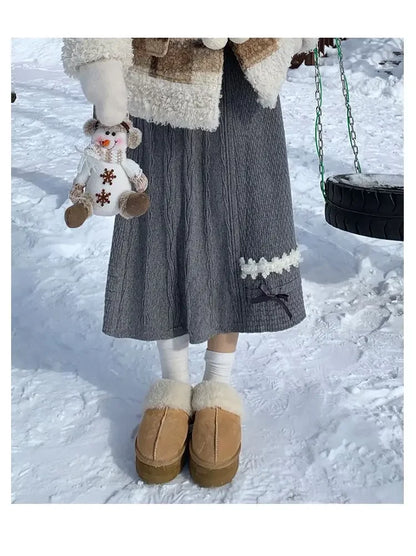 Clothes for Women Autumn Winter Japanese Style Kawaii Sweet Chic Knitted Skirts Female High Waist Solid Loose A-line Midi Skirt.