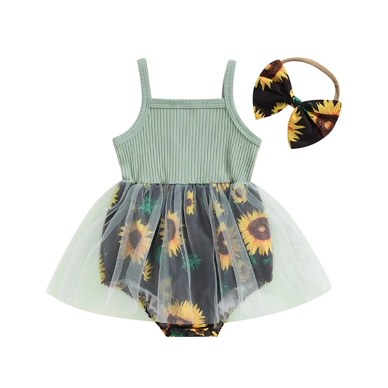 Baby Stram pler Kleid Sonnenblumen Print Spaghetti träger Tüll Rock Saum Baby Body suits Overall Sommerkleid ung mit Stirnband.