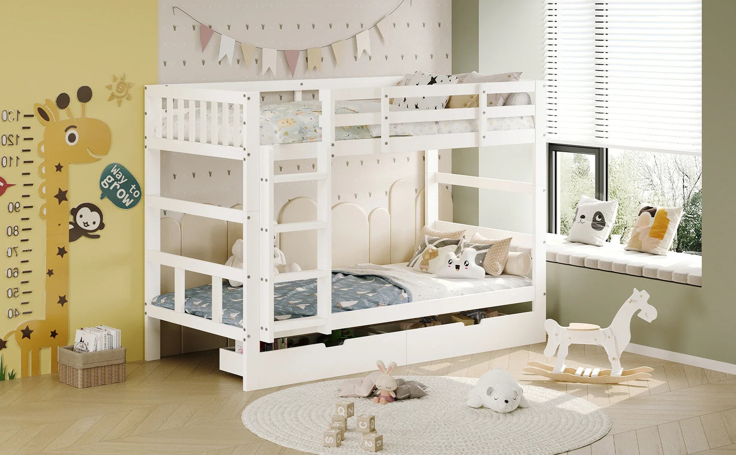 Rosahqnda Massivholz-Bettgestell 90 x 200 cm, Kinderbett mit Schubladen und Kopfteil für Bücher, Einzelzimmer, Weiß