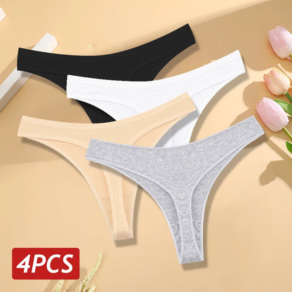 4PCS/Set Women Cotton Panties Seamless Low Rise Thongs V-Waist Solid Color Breathable Underwear Female Soft Lingerie Intimates.
