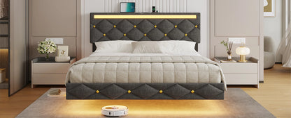 Bett 140x200 mit verstellbarer Beleuchtung, Bettgestell 140x200 mit weicher Polsterung, schwebender Bettrahmen, gepolsterte Jugendbe