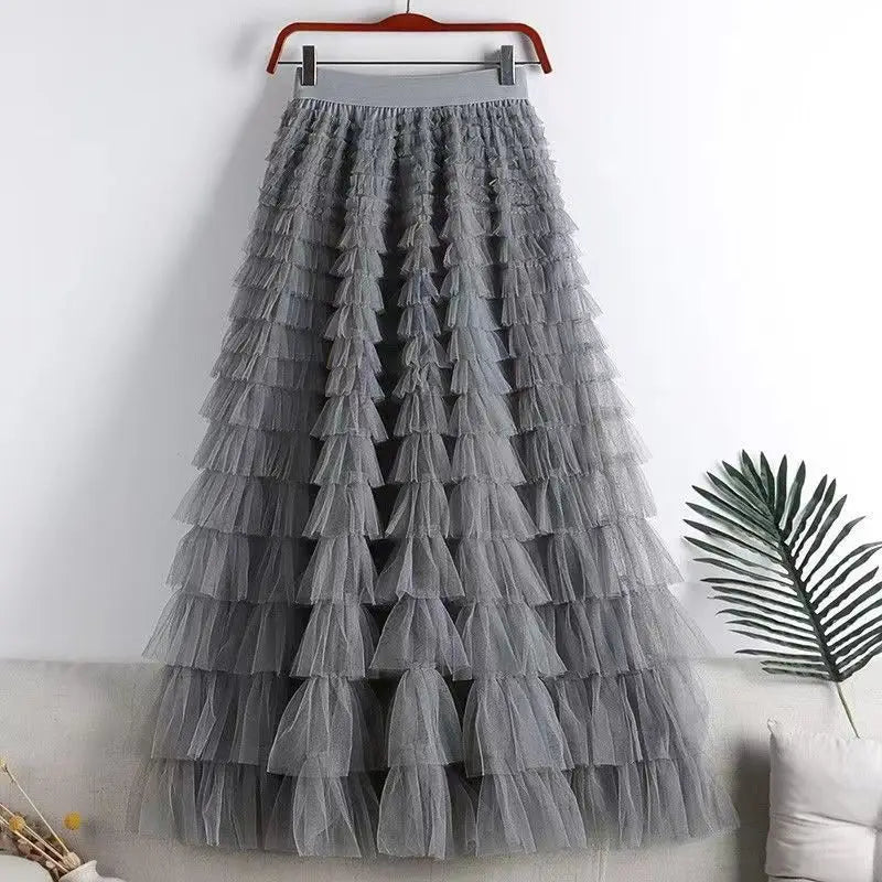 Chamliforve Women Tulle Mesh Skirt Elegant Elastic Waist Fairy Long A-line Tutu Skirt for Spring Summer Long Cake Skirt.