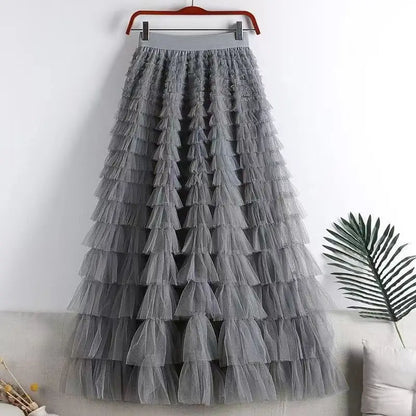 Chamliforve Women Tulle Mesh Skirt Elegant Elastic Waist Fairy Long A-line Tutu Skirt for Spring Summer Long Cake Skirt.