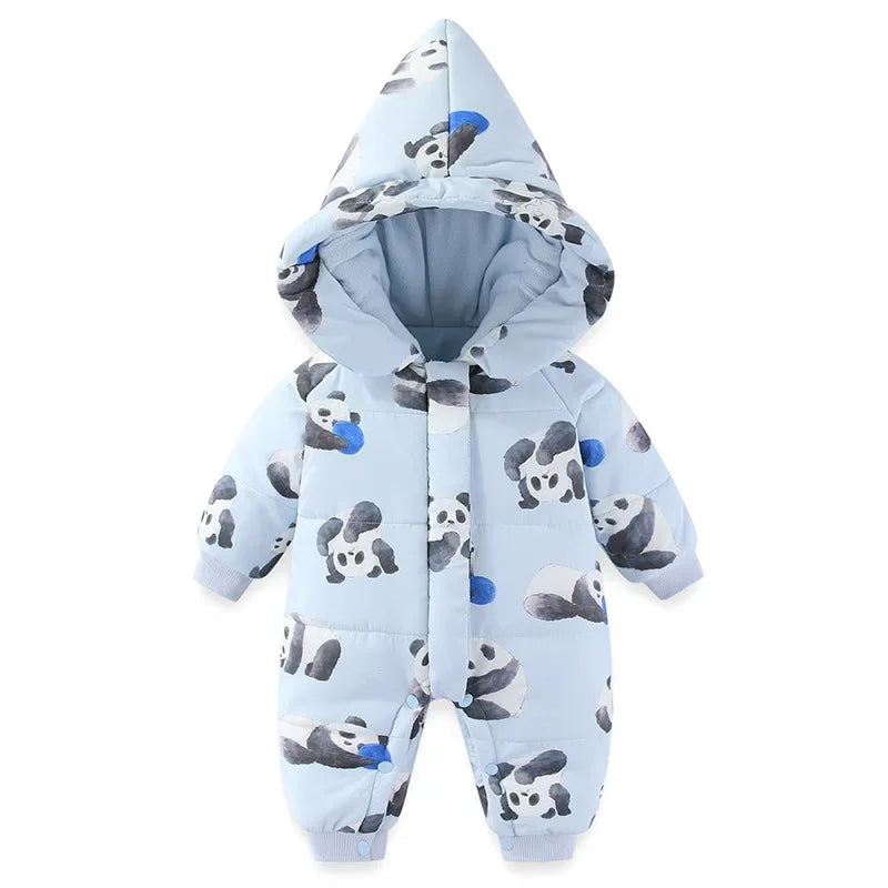 Body für Neugeborene und Mädchen, verdickter, wasserdichter, bedruckter Schneeanzug, 0–24 Monate, Kleinkind-Jungen-Overall mit Kapuze, warmes Winter-Einteiler-Outfit.