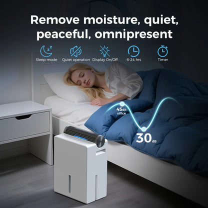 Dehumidifier for Bedroom 2000 ml, Double Hold Design, Drying Mode, Sleep Mode 30 dB, Automatic Defrost Function 24h Timer.