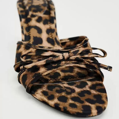 2025 New European and American High Quality Women Shoes Bow Knot Leopard Print High Heel Slippers Women Slippers.
