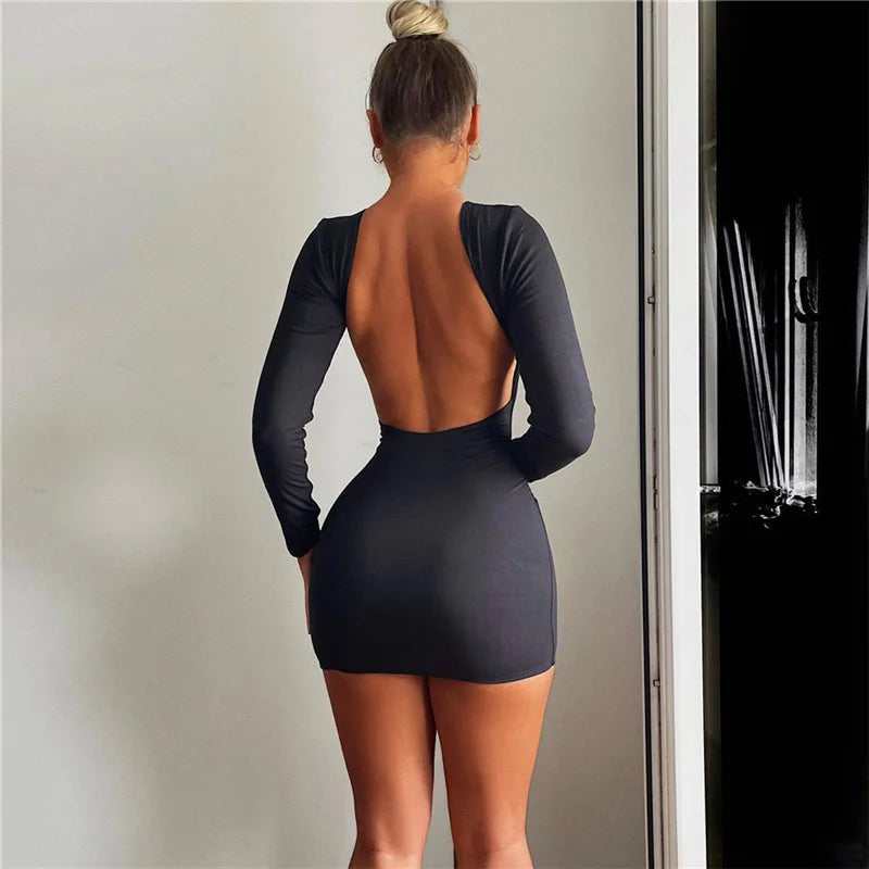 Zahlung Casual Mini Kleid Frauen Prägnante Klassische Backless Volle Hülse O-ansatz Grundlegende Weibliche Bodycon Straße Kleidung.