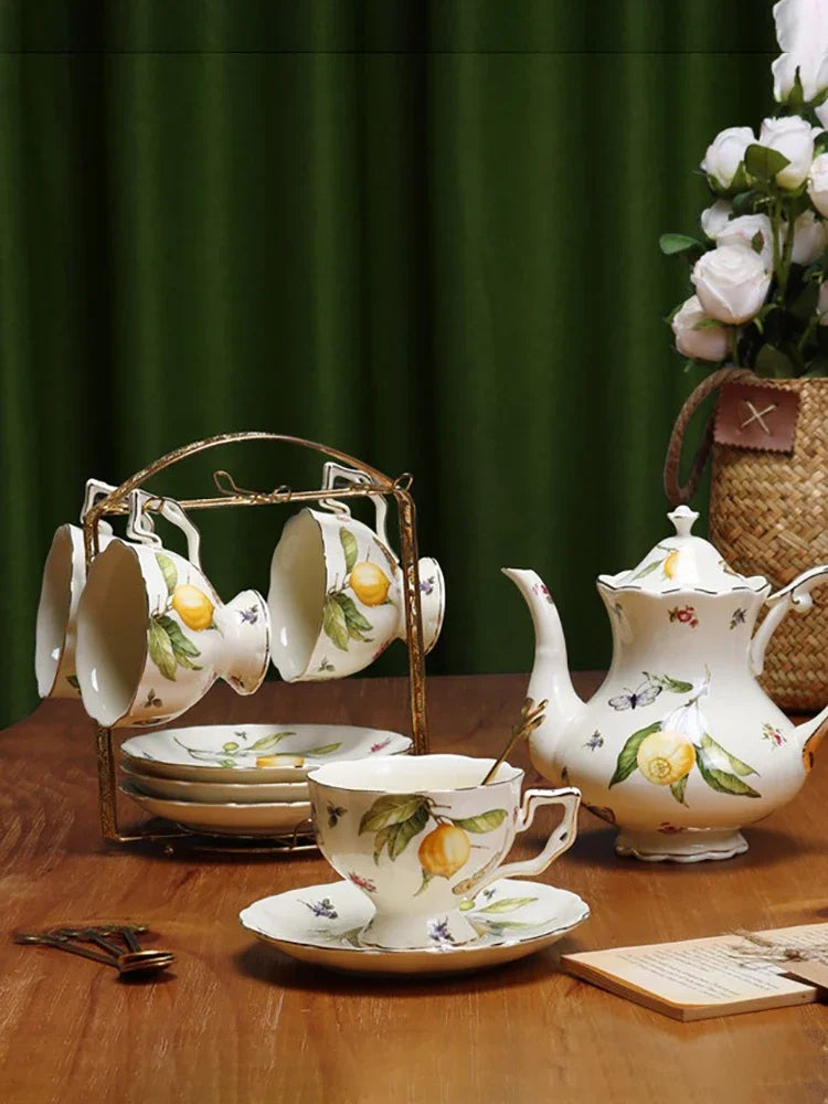 European Style Ceramic Mug Coffee Cup and Saucers Set Lemon Pattern Retro Afternoon tea cup Dessert Plate Teapot Home kettle.