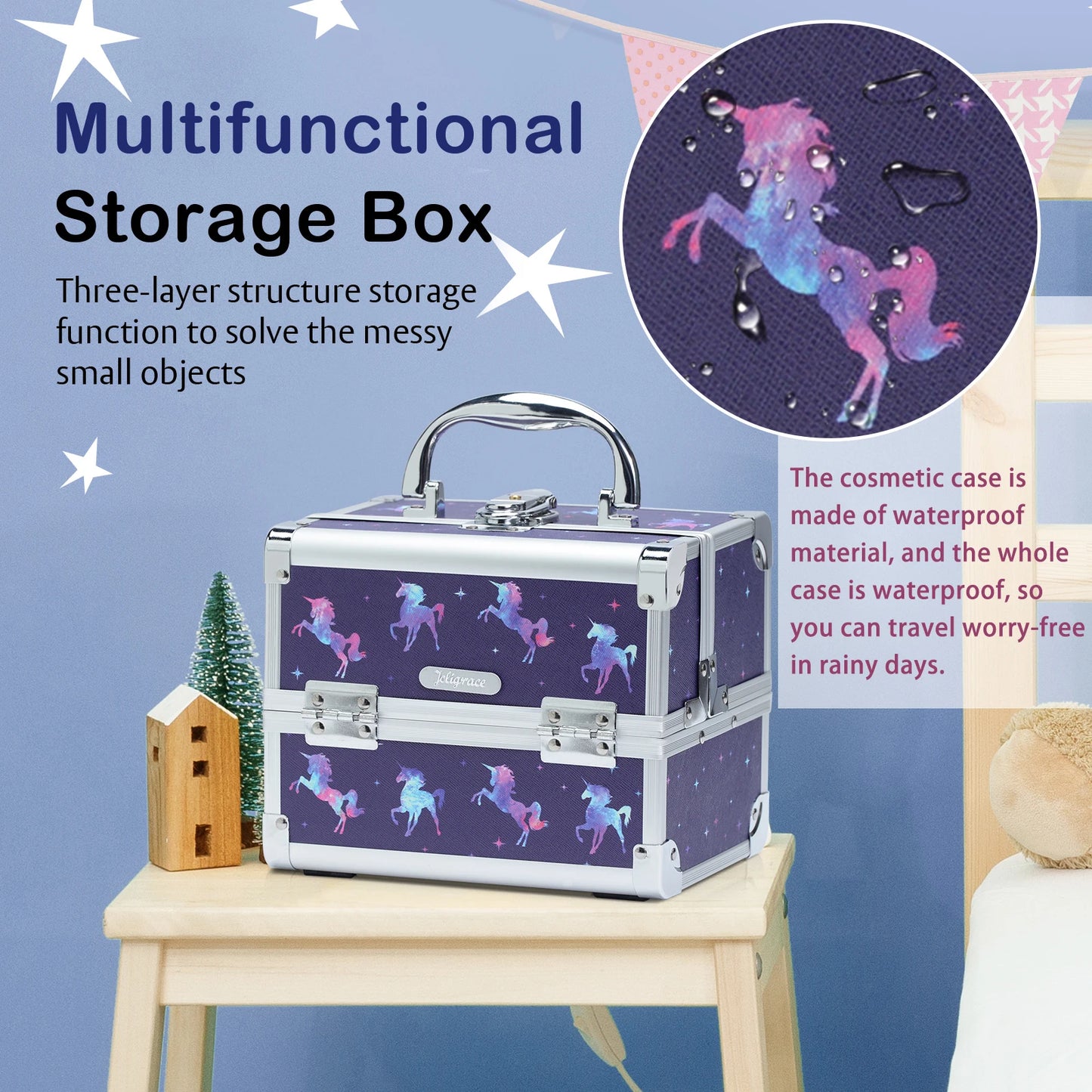 Makeup Case Portable Lock Alloy Unicorn Cosmetic Jewelry Nail Hair Accessories Storage Box with Mirror 2 Trays Make-up Suitcase.