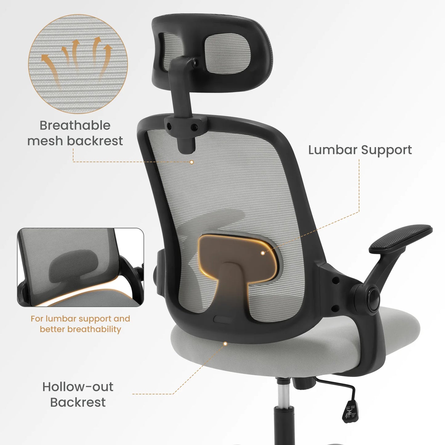 Ergonomischer Büro-Computer-PC-Schreibtischstuhl, drehbarer Netzstuhl mit Rollen, verstellbare Kopfstütze, Lordosenstütze, Heimarbeitsstuhl