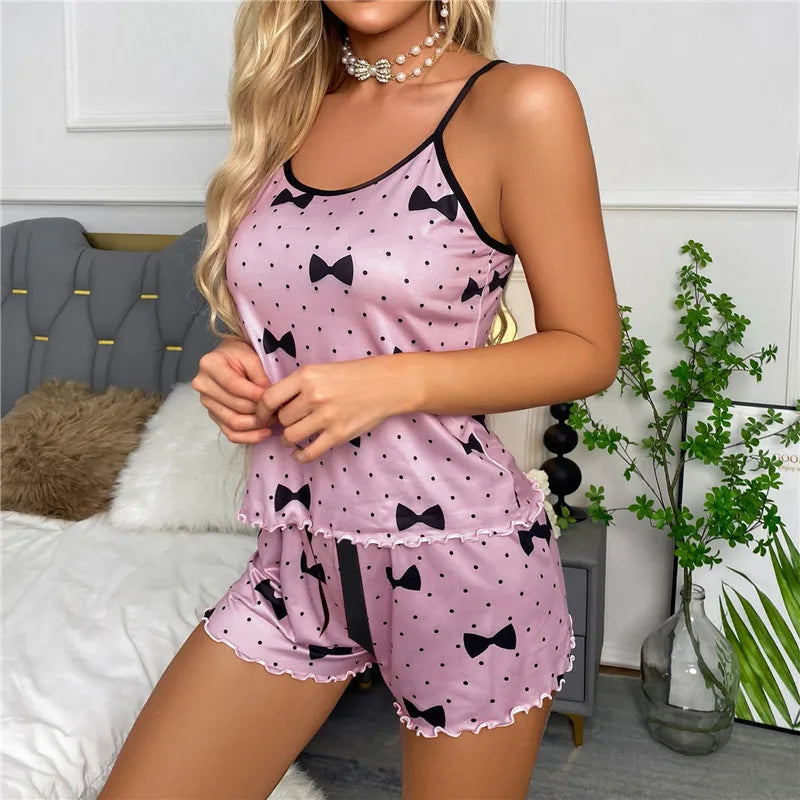 2Pcs Sommer Pyjamas Set für Frauen 2023 Sexy Hause Kleidung SleepwearTank Top Anzüge Shorts Nette Unterwäsche Nachtwäsche Weich Sleeveless.