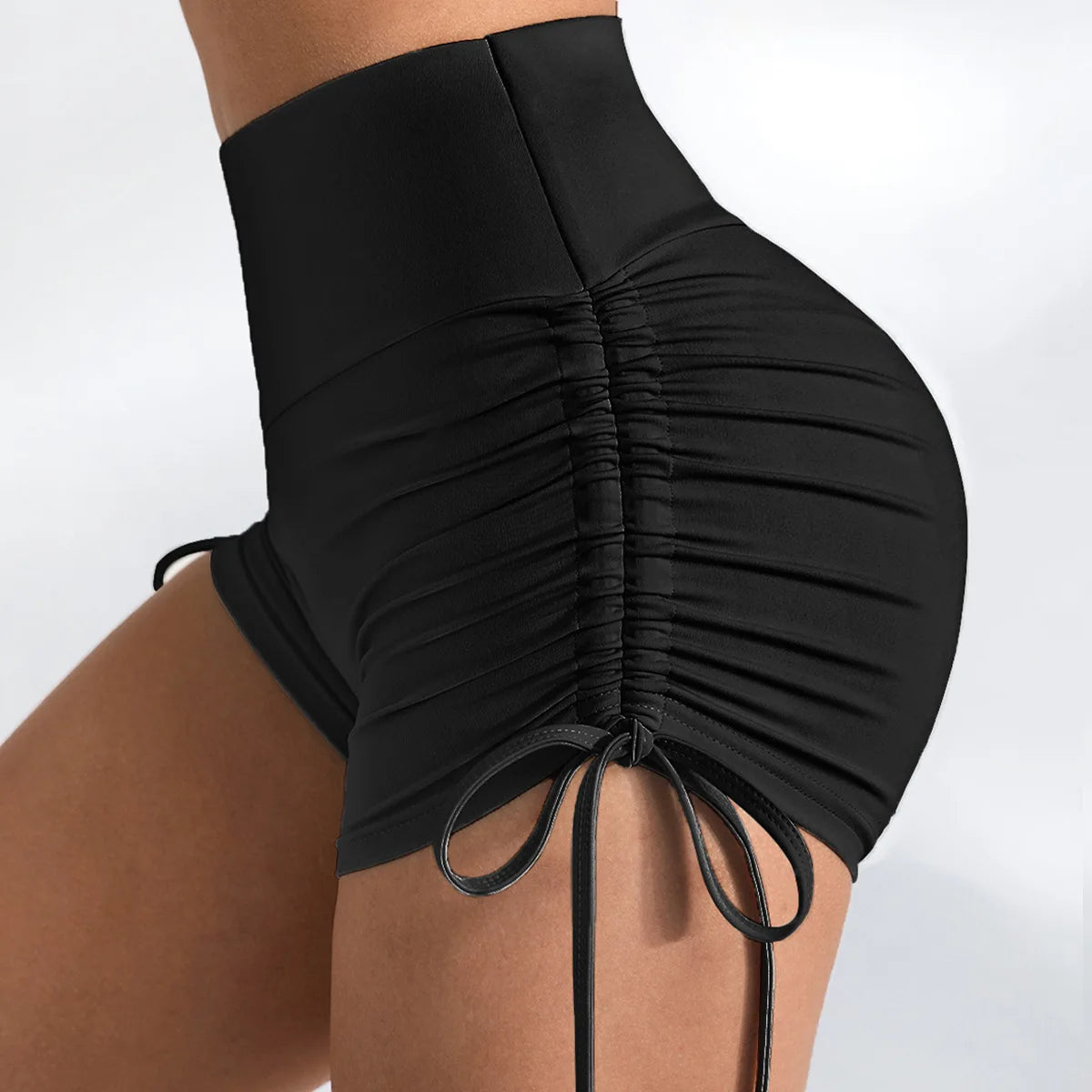 Women's High-Waisted Ruching Yoga Shorts Tight Workout Running Gym Shorts with Tie Detail Summer Fitness Stretch Activewear.