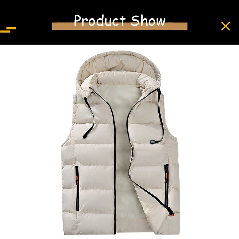 Autumn Winter Men Sleeveless Warm Detachable Hooded Vest Men Outdoor Windproof Casual Fashion Loose Brand Zipper Vest Male Coat.