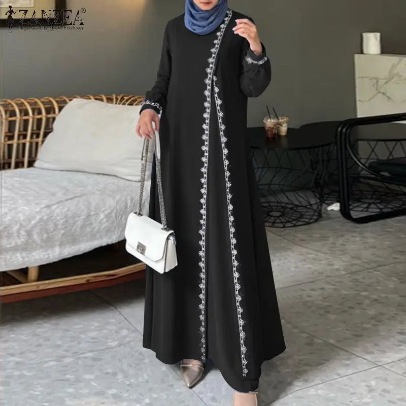 ZANZEA Autumn Women Long Sleeve O Neck Muslim Maxi Dress Kaftan Elegant Lace Crochet Loose Turkey Abaya Vestidos Islamic Dresses.