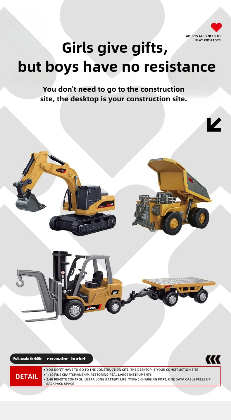 RC Car 1/64 Full Scale Mini RC Engineering Vehicle Desktop Electric Remote Control Excavator Dump Truck Forklift Model Toy Gift.