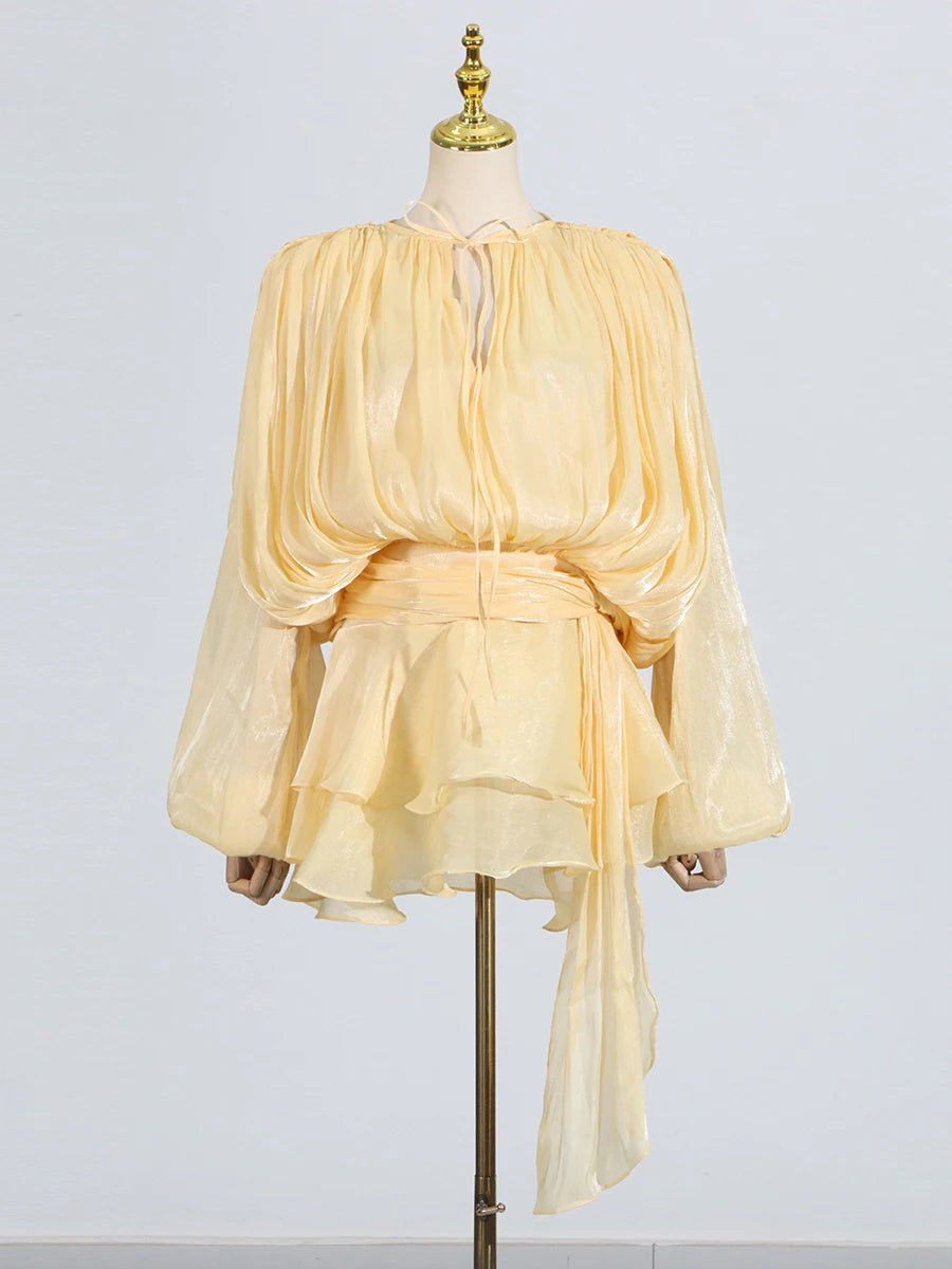 GALCAUR Solide Lose Splicd Lace Up Kleider Für Frauen V-ausschnitt Mit Langen Ärmeln Patchwork Rüschen Tunika Kleider Weibliche Mode Neue