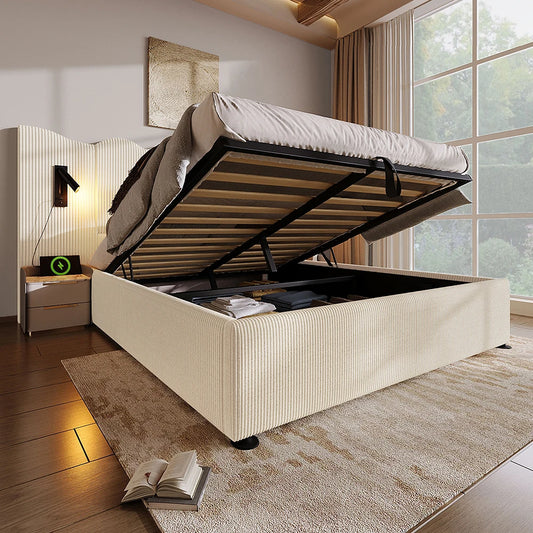 KOMHTOM Polsterbett mit Leselampe und USB Type-C Ladefunktion, Stauraumbett Bettgestell, Cordstoff (Ohne Matratze)