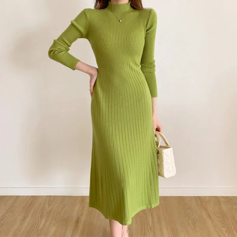 Herbst Winter schlankes Langarm Party Midi Kleid für Frauen gestrickt halbhohen Kragen elegante Strick pullover Kleider Damen.