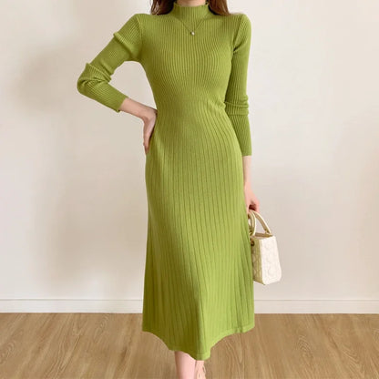 Herbst Winter schlankes Langarm Party Midi Kleid für Frauen gestrickt halbhohen Kragen elegante Strick pullover Kleider Damen.