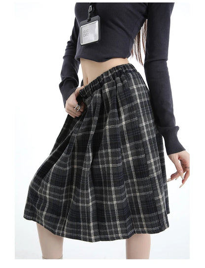 Preppy Style Woolen Pleated Plaid Skirt Women Fall Winter Retro Elastic High Waist Skirts Female Japanese A Line Faldas 2025 New.