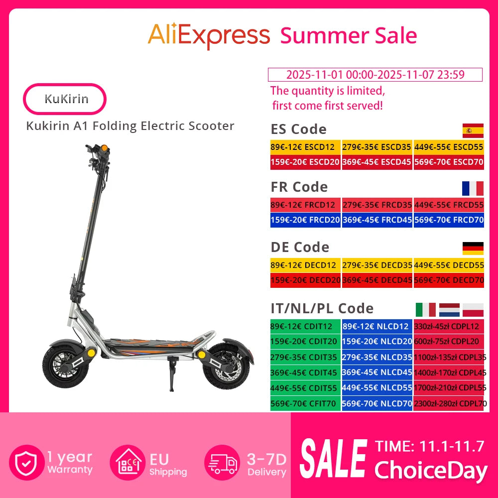 Kukirin A1 Folding Electric Scooter, 800W 48V 13Ah Battery, 10 "Vacuum Tire, 45 km/h Max Speed 45km Range Front & ReverDisc Brake.