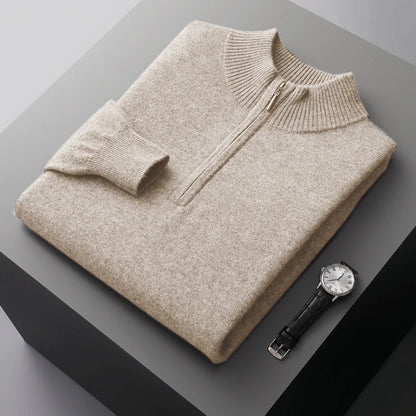 New Half Turtleneck Zipper Men's Pullover 100% Cashmere Sweater Solid Color Casual Versatile Wool Sweater Men's Clothing