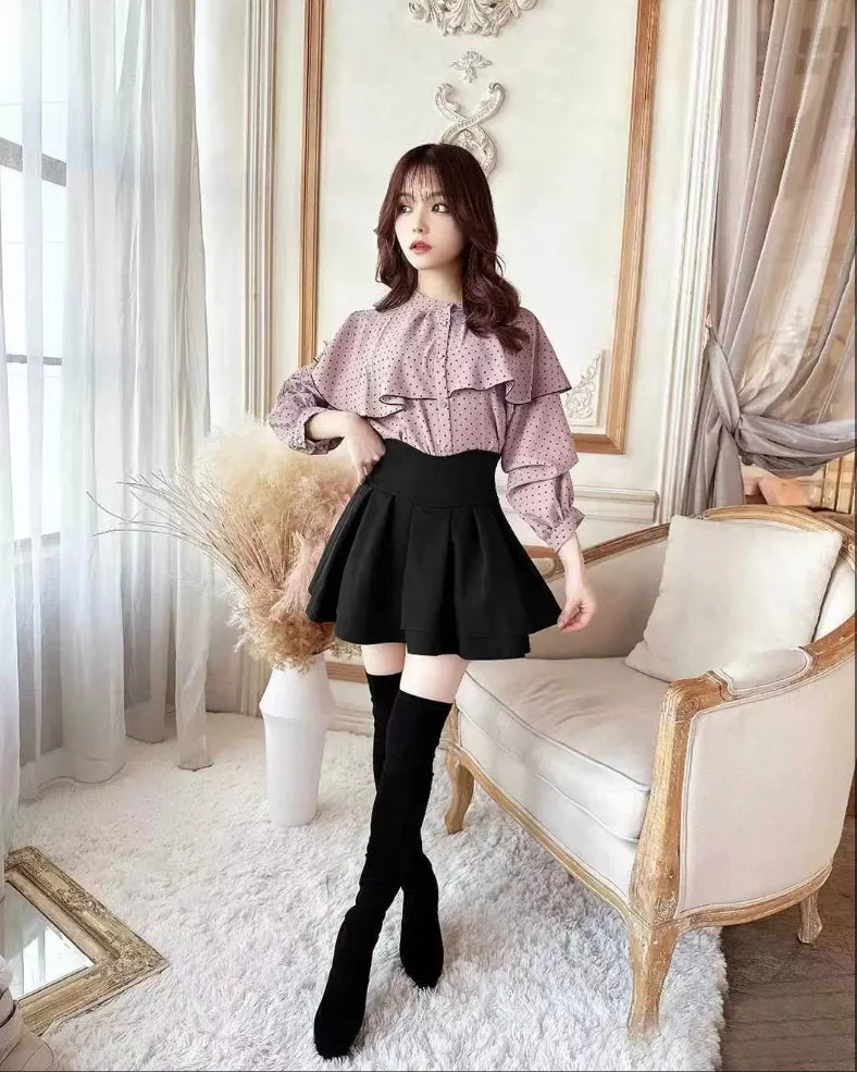 Japanese Lolita Skirts Ruffled Pleated Plaid Skirt Women 2025 Spring New Elastic High Waist Slimming Gentle Mini Skirt Culottes.