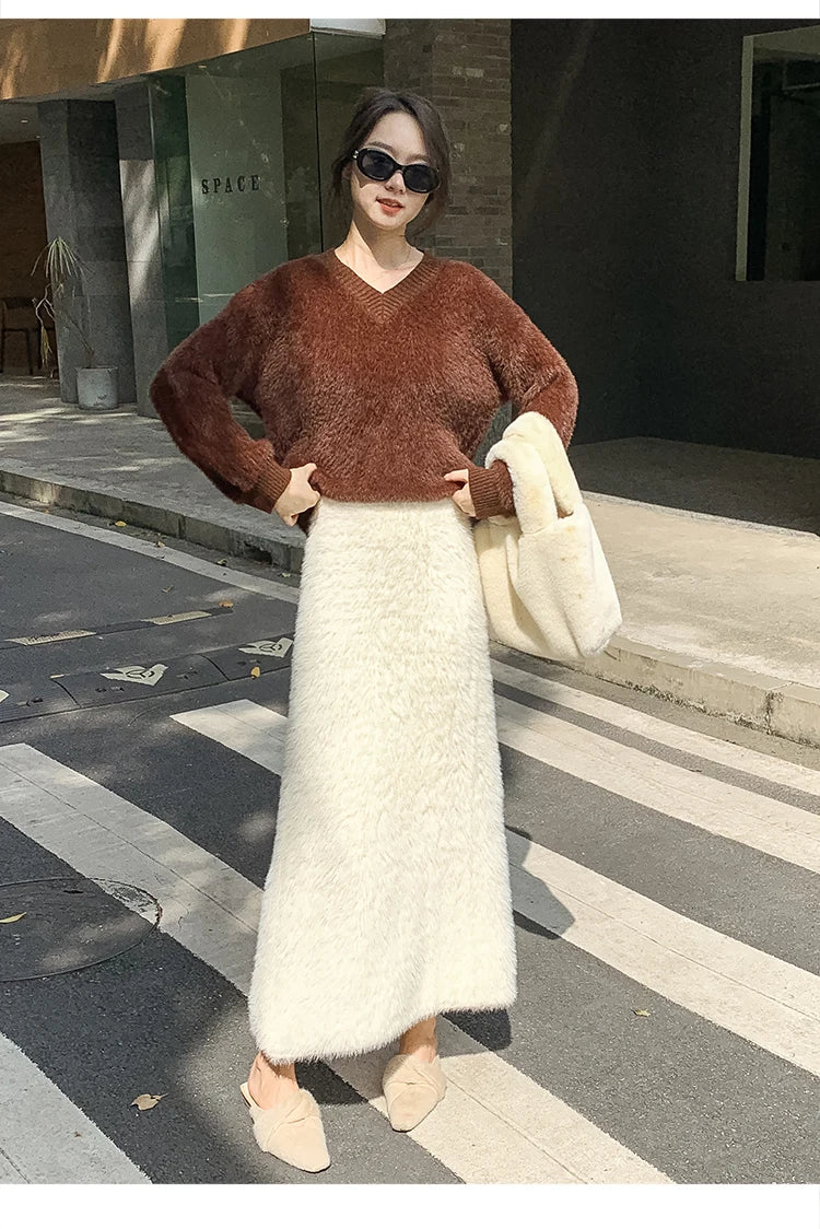 Autumn Winter New Knit Long Skirt Women Casual Thick Korean High Waist Soft A-Line Skirt.