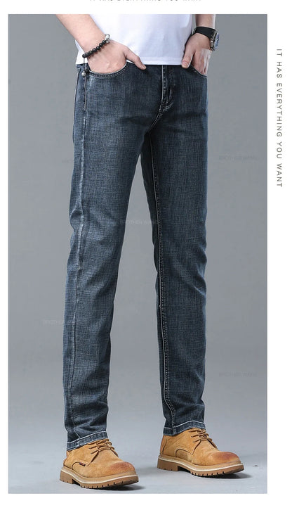 Spring Men's Light Blue Slim Jeans Stylish Casual Stretch Fabric Denim Pants Classic Trousers Smoke Gray.