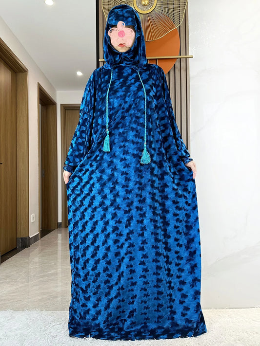 High Quality Velvet Fabric 2025 Ramadan Muslim Lady's Abaya Two-Hats Dubai Turkey Style Islamic Prayer Clothing Kaftan Dress.