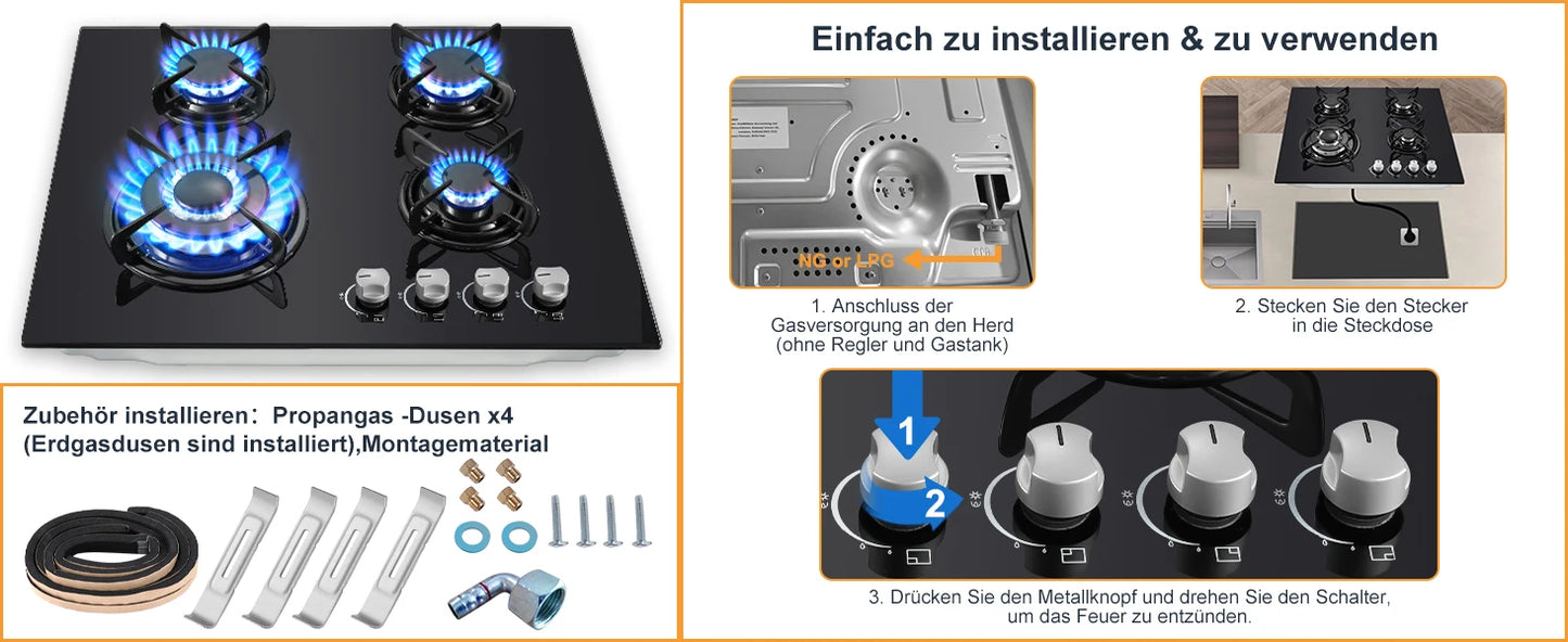 60cm Built-in Gas Hob 4 Burner | Auto Thermocouple & Safety Lock | 4-Zone Tempered Glass 8060W with Auto Ignition.