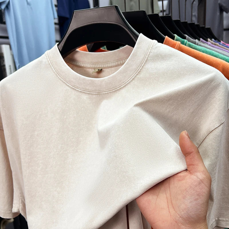 Personality washed vintage short sleeve T-shirt high-end 100% pure cotton men fashion round neck comfort lightweight casual top