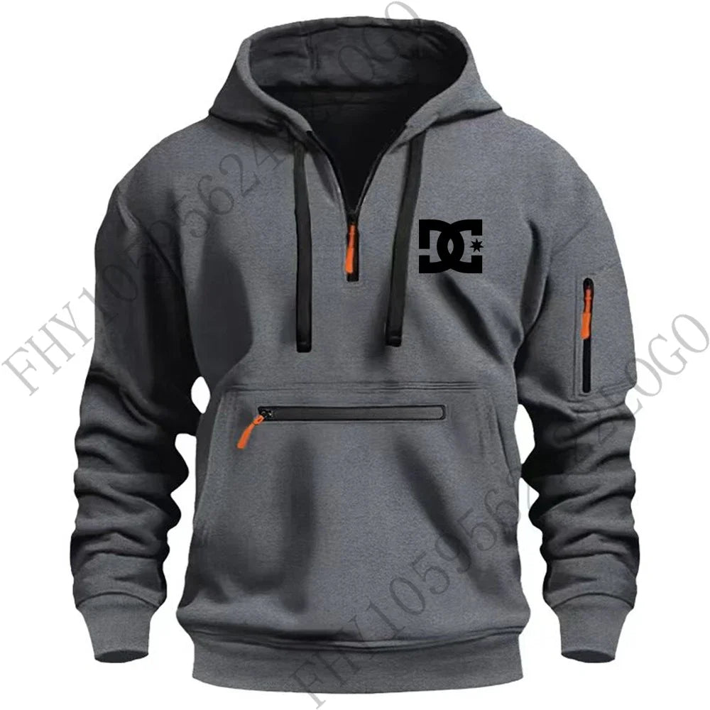 New men's hooded sportswear for autumn and winter 2025, long-sleeved multi-zipper pocket outdoor fishing casual pullover.
