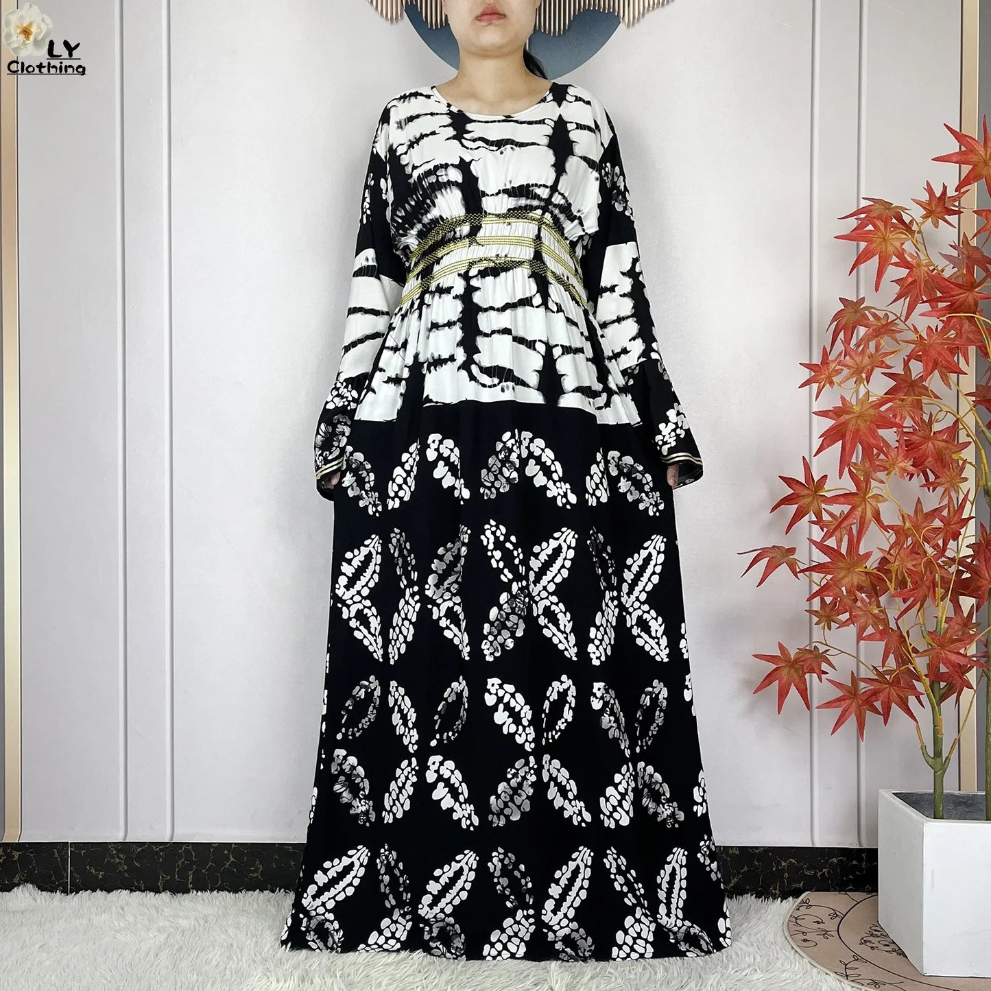 New Women Party Dress Dubai Muslim Summer Cotton Long Sleeve Collect Waist Boubou Maxi Islam Women Elegant Dress African Abaya.