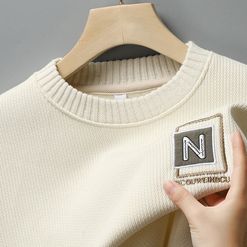 New Men's Fashion Sweater Autumn Winter Fleece Lined Clothes Thickened Pullover Crew Neck Knitted Pullovers Knitwear.