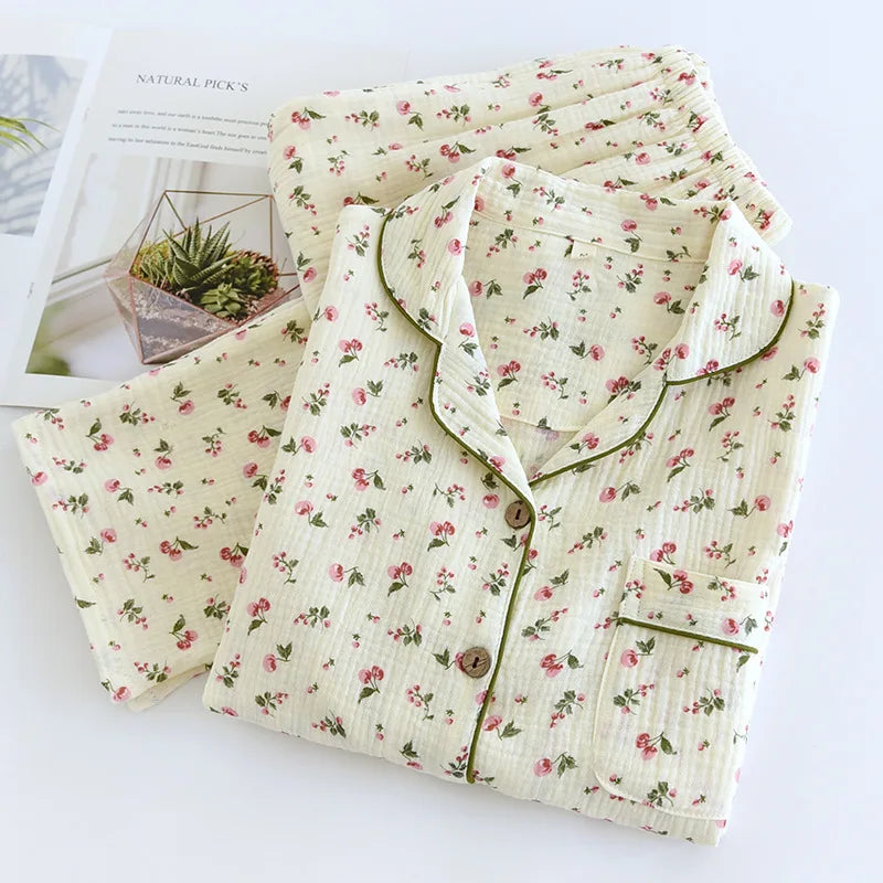 2025 Spring and Autumn Women's Pajama Set 100% Cotton Crepe Long sleeved Pants Two piece Cute and Sweet Home Fury Set Ladies.