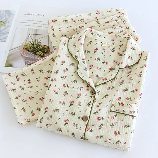 2025 Spring and Autumn Women's Pajama Set 100% Cotton Crepe Long sleeved Pants Two piece Cute and Sweet Home Fury Set Ladies.