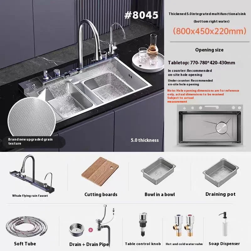 Stainless Steel Kitchen Sink Waterfall Wash Vegetables Basin Intelligent Digital Display Faucet Dish Wash Bowl Large Single Slot