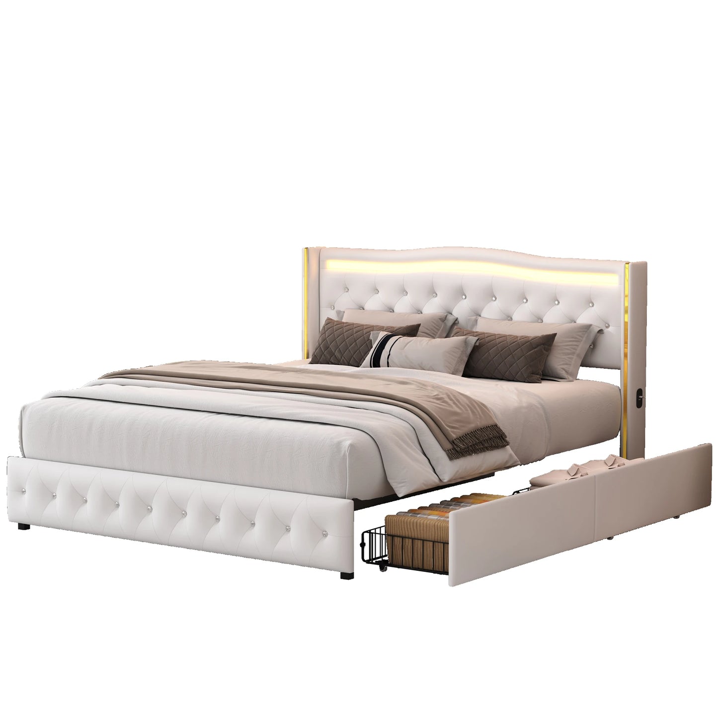 Lazyspace Diamond Embellishment Luxuriöses weißes PU-Polsterbett, Bettrahmen-Kopfteil mit bunten LED-Leuchten und USB-Anschluss