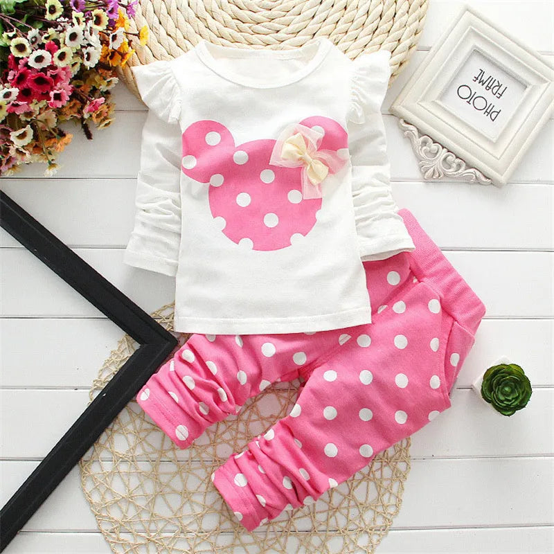 Stumbling toddler girl cartoon long sleeved set T-shirt+pants 2-piece children's fashion baby jacket newborn cotton set.