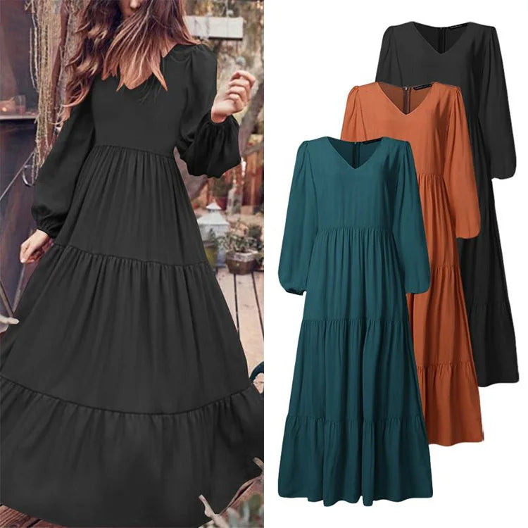 Women Summer dress 2025 new fashion casual solid color v neck long sleeve temperament big swing dresses women vestidos TXGL519.