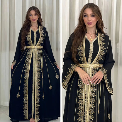 Eid muslimische Frauen Party Stickerei Kleider 2 Stück Set Jalabiya Ramadan Islam Vestidos arabische Robe Marokko Dubai Abayas Kaftan