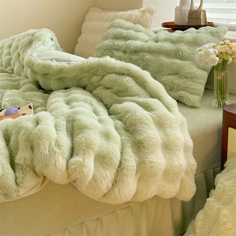Luxury Faux Rabbit Fur Velvet Fleece Plush Soft Warm Bedding Set Super Comfortable Duvet Cover Set Blanket Bed Sheet Pillowcases