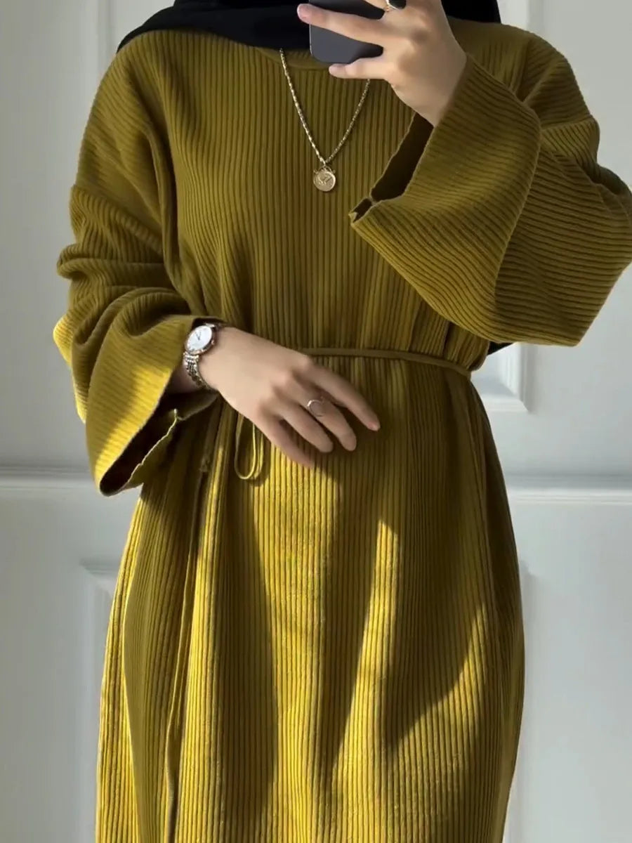 Muslim Dubai Middle East Winter Thicken Warm Knit Sweater Abayas For Women Evening Long Dress Ramadan Robe Femme Islam Clothing.