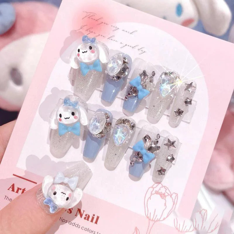 24Pcs 3D kuromi press on nails Y2K Cartoon Handmade Fake Nails Black Gel nail Wearable Nails Cinnamoroll Melody Anime False Nail