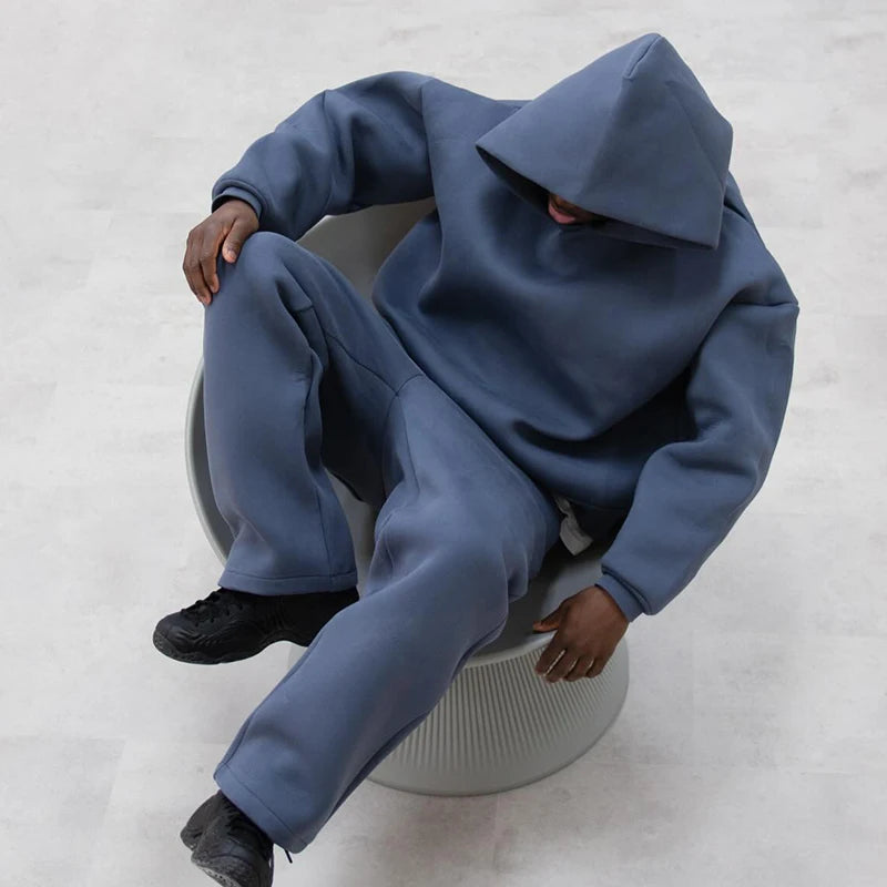 Men Cotton Vintage Tracksuit 2pcs Set Hoodies Straight Pants Casual Loose Hip Hop Sports Hooded Pullover Trousers Y2k Streetwear