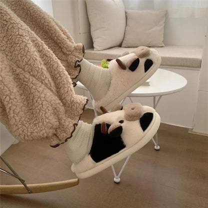 Shevalues Plush Cartoon Milk Cow Slippers Winter Women Slippers Furry Non-Slips Women Cotton Slides Couples Soft Cozy Flat Shoes.