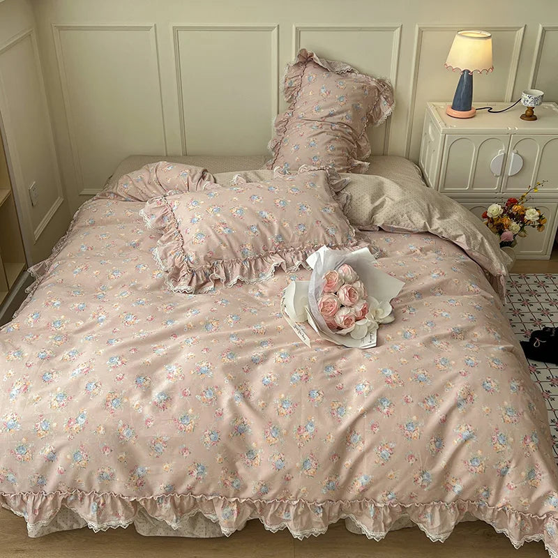 Korean Princess Style Ruffles Flower Print Bedding Set Duvet Cover Set Bed Skirt Bedspread Pillowcases 100% Cotton Home Textile.